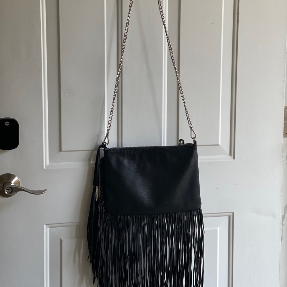 LIKE NEW Carlos Santana Crossbody Bag Fringe Boho Black Purse Chain Strap